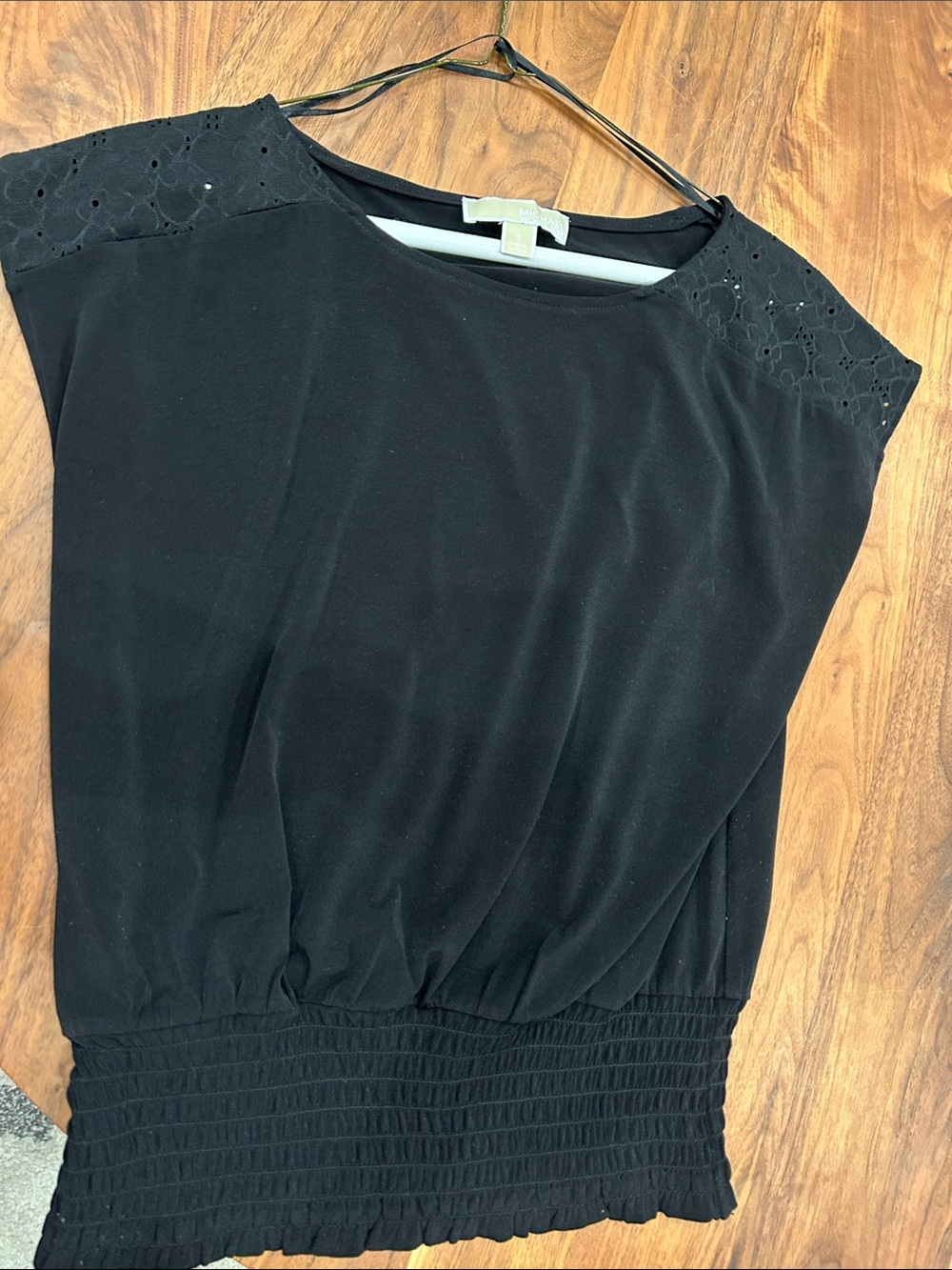Michael Kors Black Crochet-Shoulder Smocked-Hem Blouse